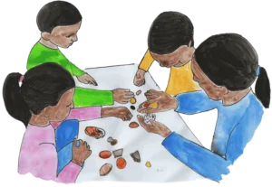 Family studying rocks together