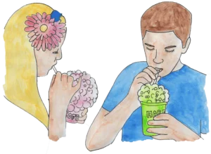 watercolor of a kids doing a chemistry experiment with hard water