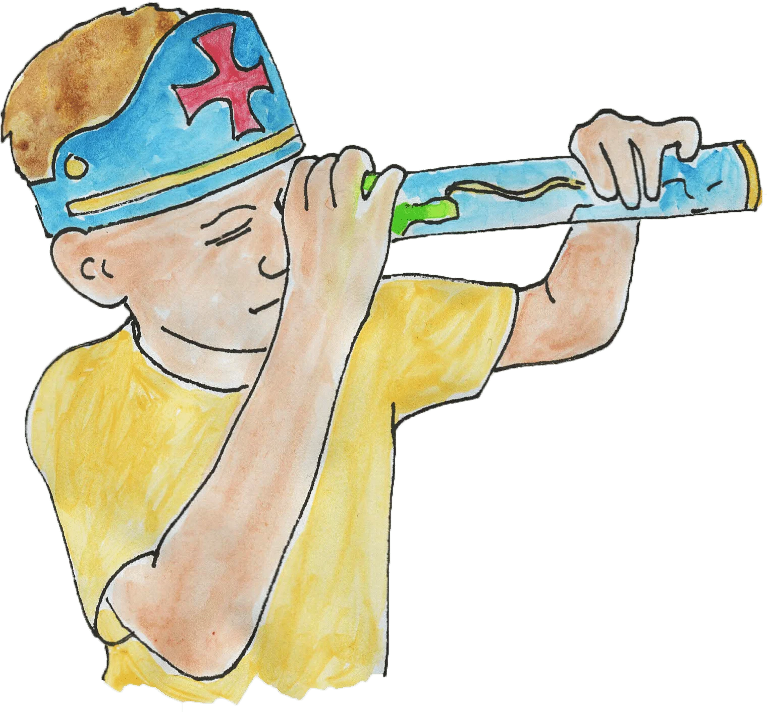 child in a Christopher Columbus themed paper hat and playing with a paper spyglass