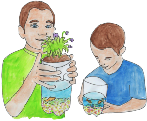 watercolor picture of kids with pop bottle ecosystems