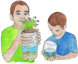 watercolor picture of kids with pop bottle ecosystems