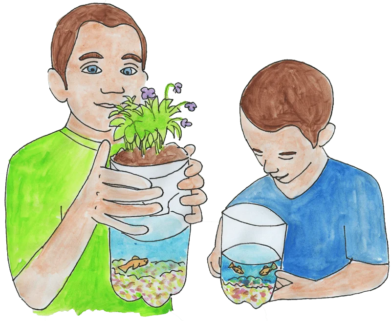 watercolor picture of kids with pop bottle ecosystems