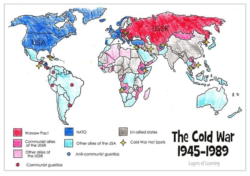 map of the Cold War colored